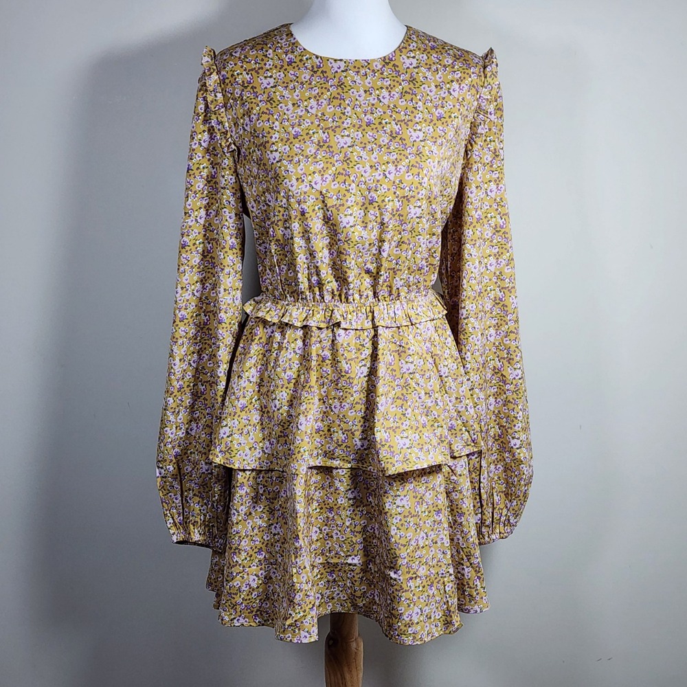 Floral Tiered Mini Dress Womens L Yellow Corset Cottagecore Ruffle Ditsy Prairie